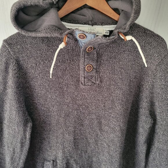 H&M LOGG Men’s L Hooded Knit Sweater, 100% Cotton, Front Pockets, Gray, EUC - Picture 3 of 10